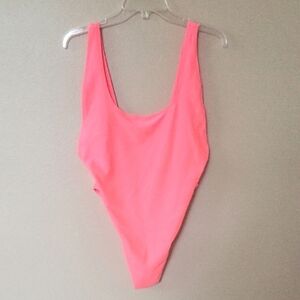 Aerie Womens Bright Pink Ribbed Birthday Scoop Neck Cheekiest One Piece Swimsuit